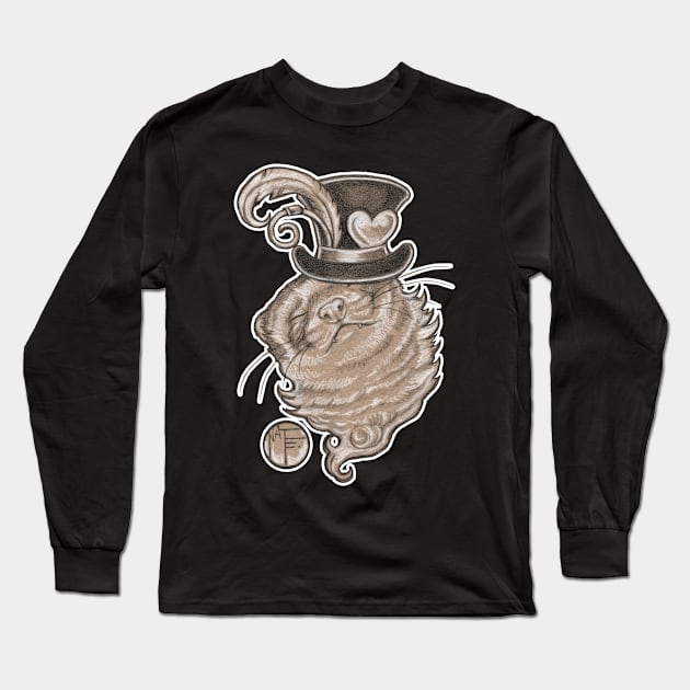 Ferret In Top Hat - White Outlined Version Long Sleeve T-Shirt by Nat Ewert Art